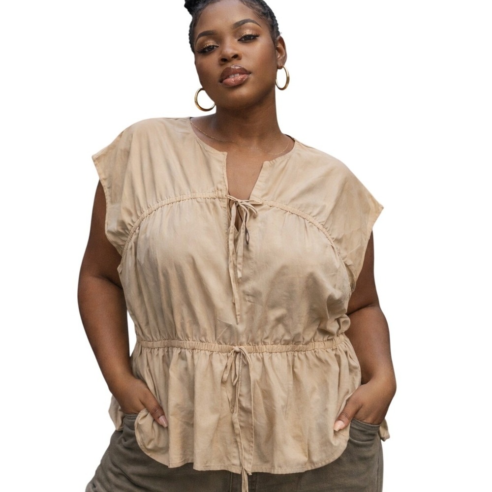 ELOQUII Size 20 Beige Peplum Blouse Tie Front Elasticā Waist Lightweight Top NWT